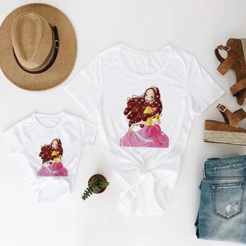 Odzież dziecięca, Letnia koszulka dla mamy i córki, Elegancki t-Shirt z Nadrukiem Księżniczki Disneya, Same ubrania dla rodziny, Koszulka Femme