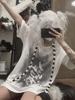QWEEK Gohtic Harajuku t-Shirt Damski Gotycki Koreańskiej Meble Ubrania Projekt Koszulki w Paski Kpop Białe Bluzki z Krótkim Rękawem Lato 2022