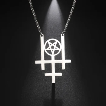 Moja Forma Potrójne Odwrócony Krzyż Wisiorek Naszyjnik dla Mężczyzn Szatan Occult Pentagram Gotycki Szatański Religijne, Biżuteria Ze Stali Nierdzewnej