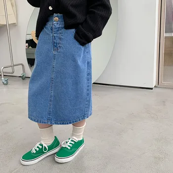 Uniwersalna spódnica średniej długości dla dziewczyn, koreański styl, Nowość wiosna 2022 roku, odzież Dziecięca z kieszeniami, Modna jeansowa spódniczka dla dziewczynek